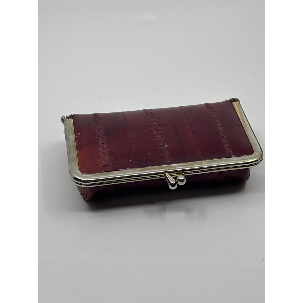 Vintage‎ Burgundy Eel Skin Kiss Lock Clutch Wallet with Interior Mirror Korea